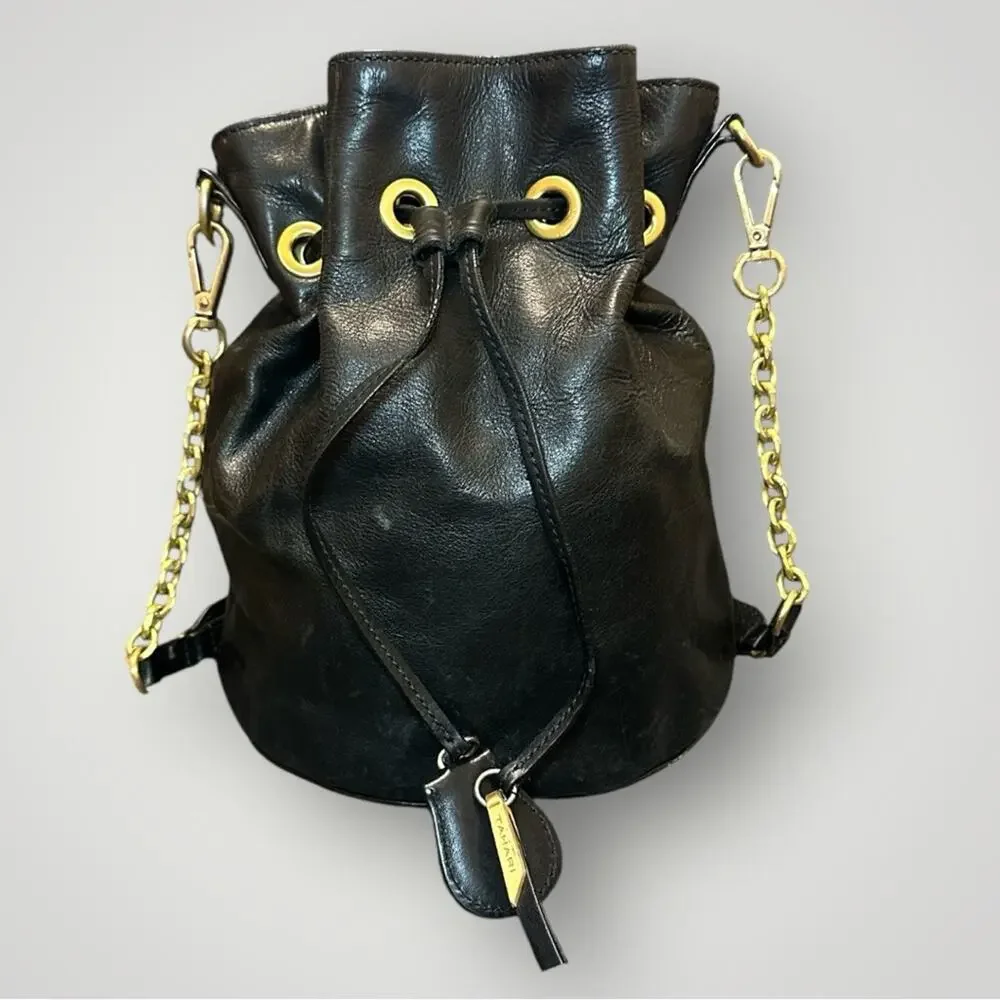 Tahari Black Leather Bucket Bag with Gold Chain